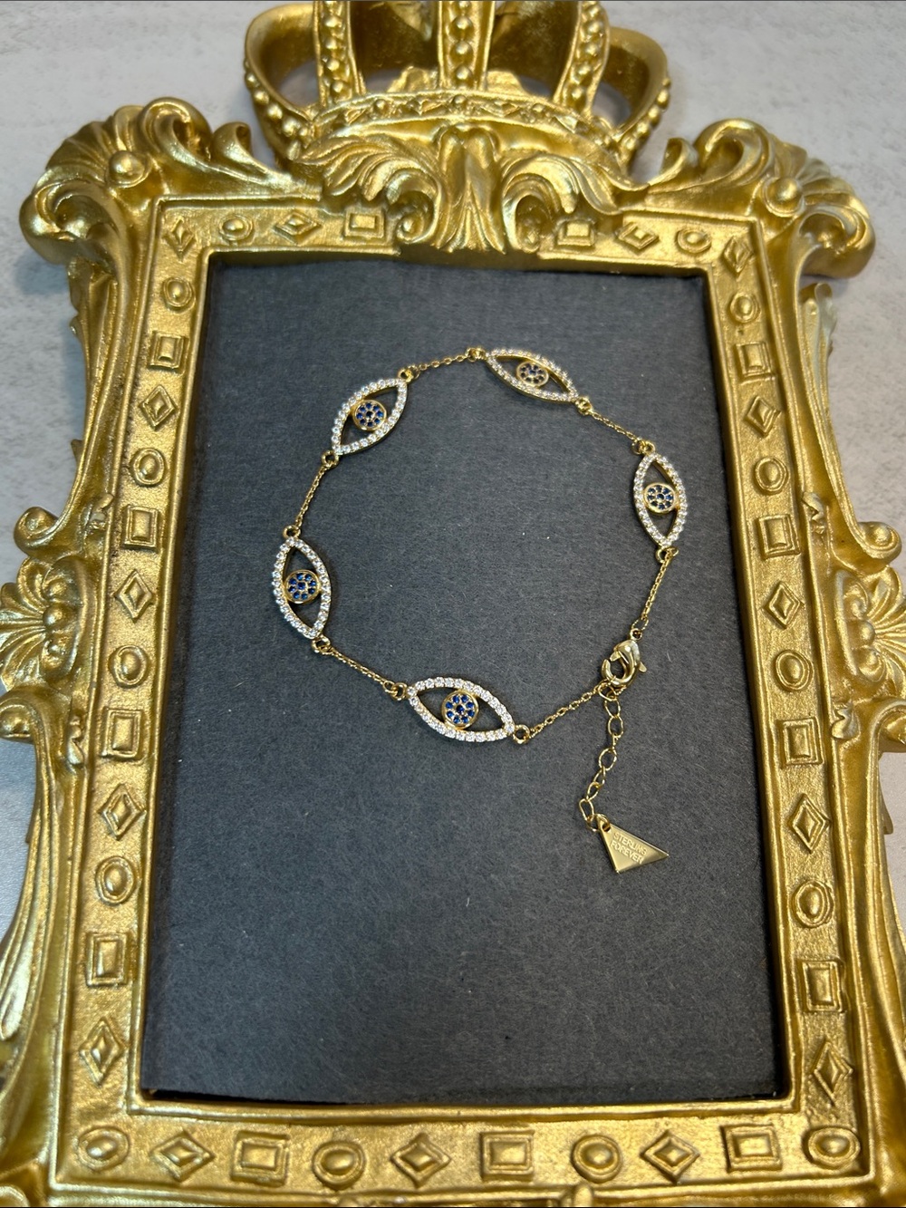 Delicate Gold-Tone Blue Crystal Evil Eye Link Bracelet